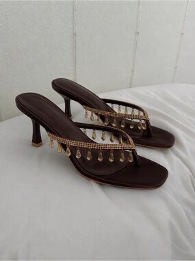 Brown Beaded Kitten Heel Sandals Size 7